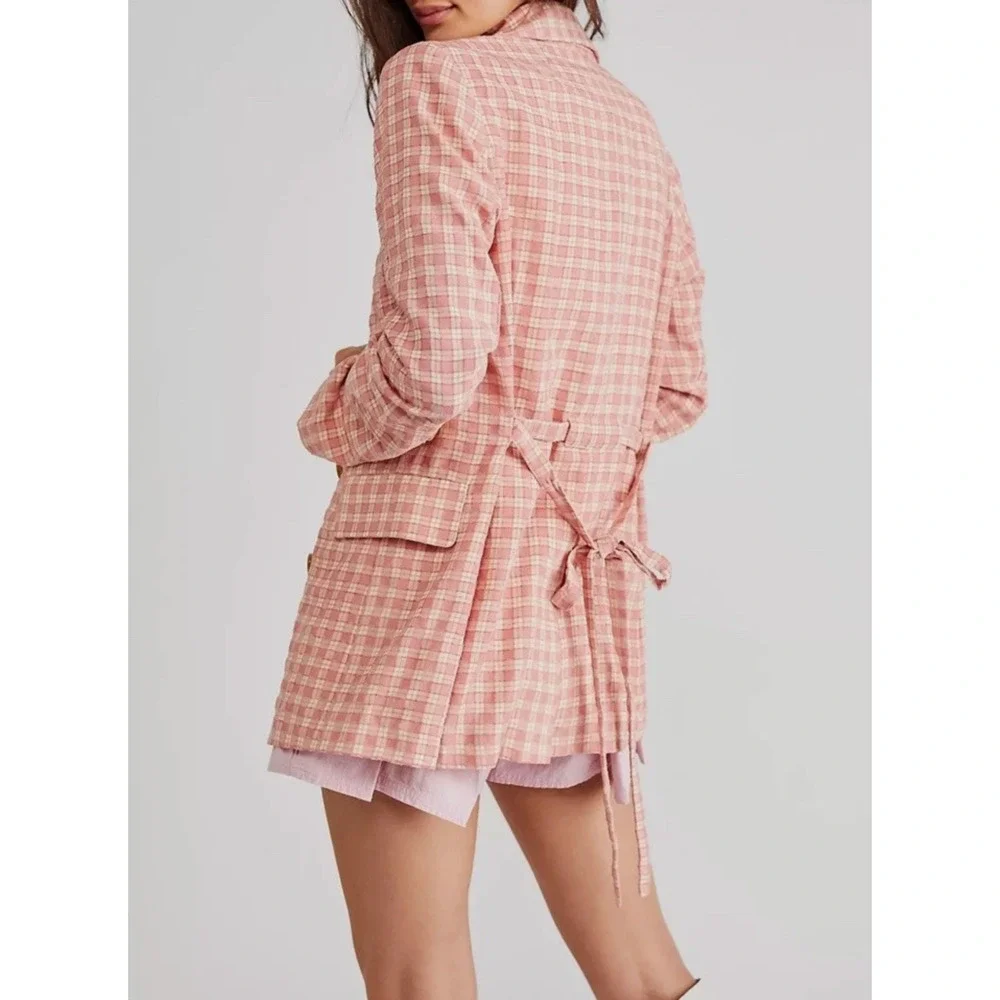 Free People Pink Plaid Double-Breasted Blazer Jacket - Picture 9 of 9